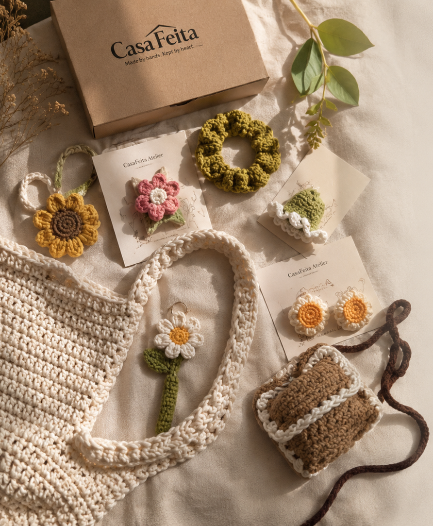 Roy's Fashion Fingers crochet pieces and branded packaging
